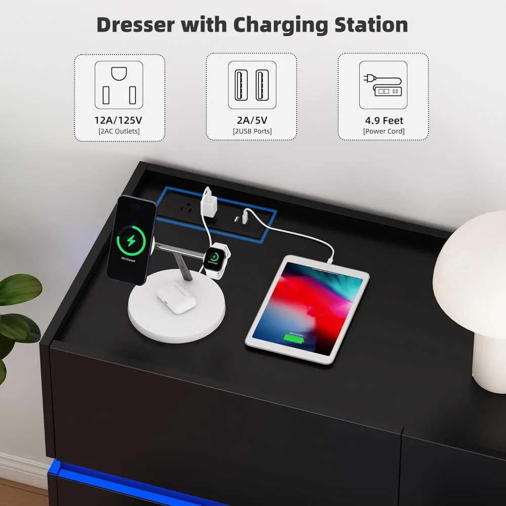 Cômoda preta com 9 gavetas - Organizador de cômoda larga 61,4 com estação de carregamento e luzes LED, cabine moderna com gaveta para suporte de TV