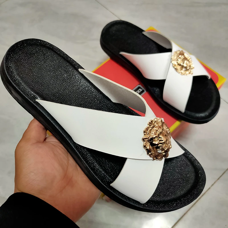 Leather Men's Slipper Size 38-48 Beach Sandals Fashion Men's Sandals Leather Casual Shoes Flip-flops SapatosT4