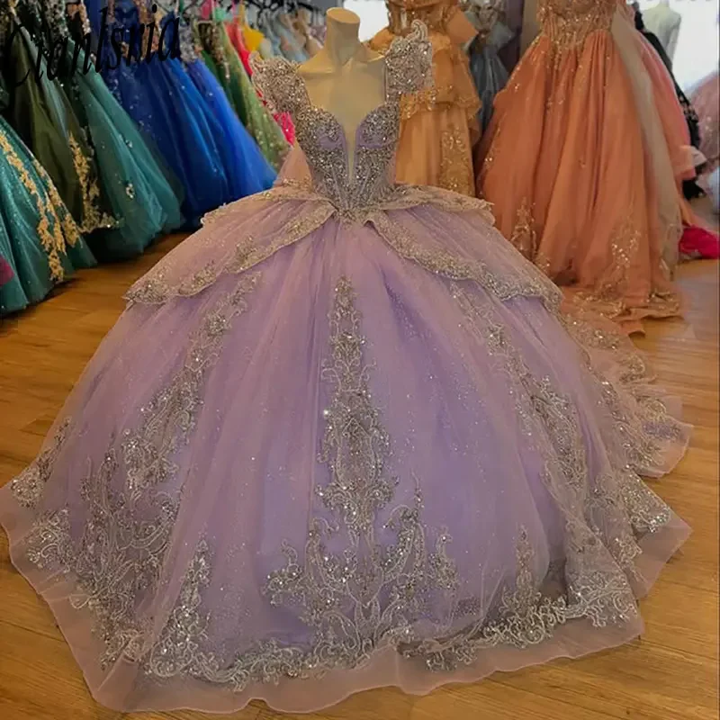 

Lilac Off The Shoulder Ruffles Quinceanera Dresses Ball Gown Appliques Lace Beading Sweet 15 Años Mexican Customized