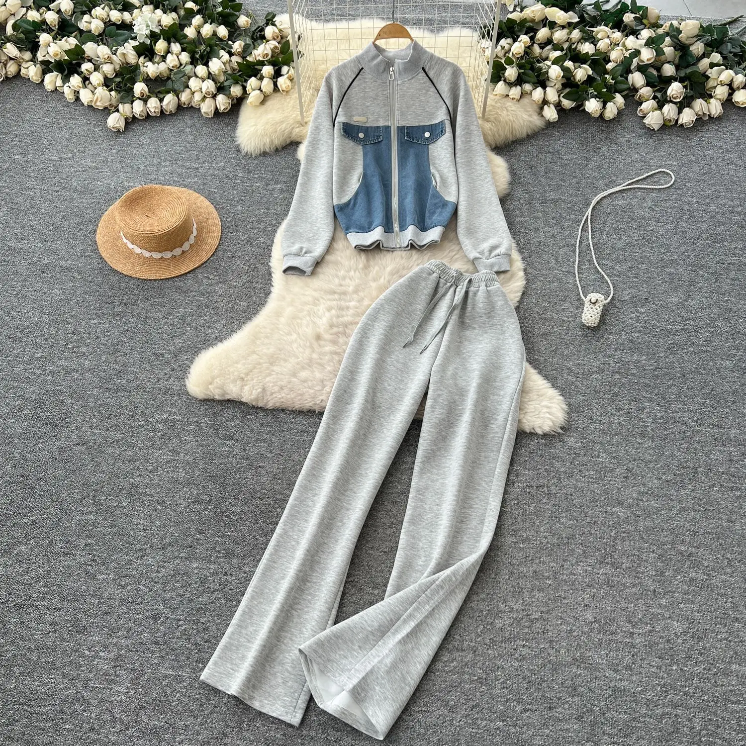Two Piece Pant Sets Women Denim Spliced Coats Casual Zipper Stand Collar Cardigan Wide Leg Pants Office Lady Autumn 2025