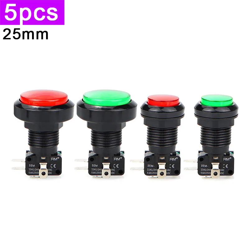 

5 шт., кнопка игровой консоли, серебряный контакт, самосброс, круглый, средний, маленький, 34 мм, 45 мм, с микропереключателем, 15 А, 25 мм, отверстие 1НО 1НЗ