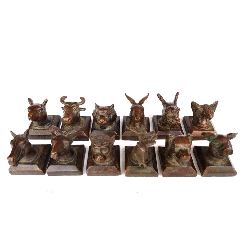 

12 pcs Old Chinese Bronze Carving Zodiac Animal Head Statue Seal Decoration Gift Collection