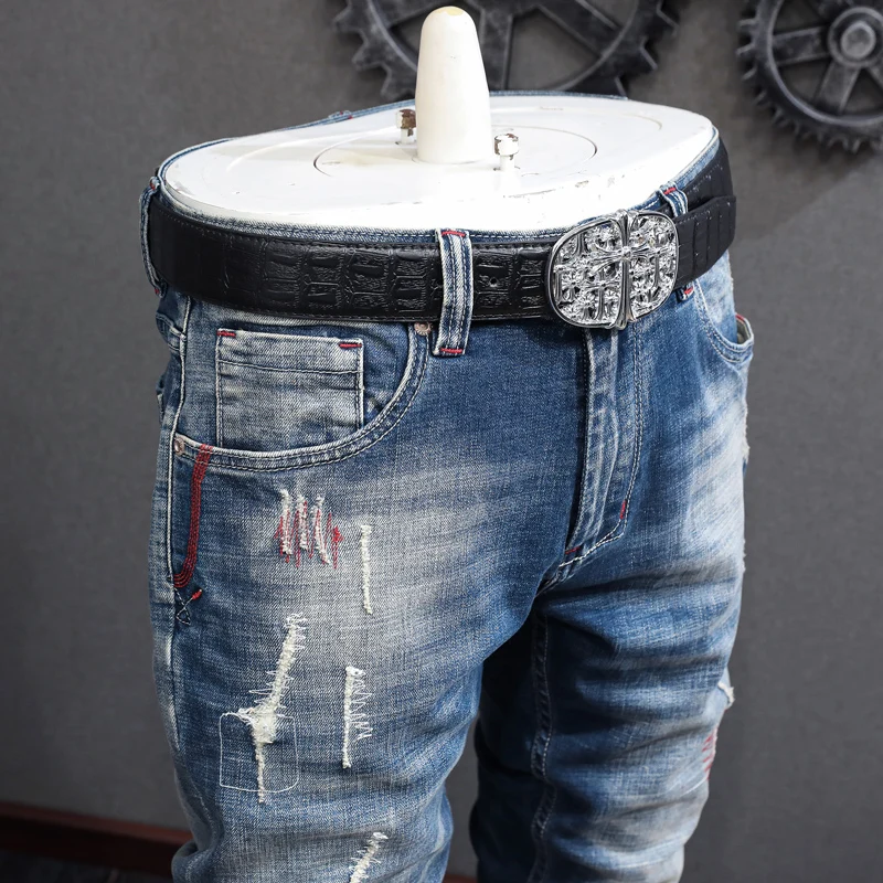Fashion Vintage Men Jeans High Quality Retro Blue Elastic Slim Fit Patched Ripped Jeans Embroidery Designer Denim Pants Hombre