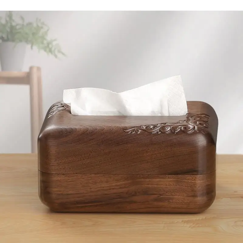 

Simple Walnut Wood Tissue Boxes Rectangular Relief Pattern Napkin Paper Towel Box Retro Home Desktop Toilet Paper Tissue Holders