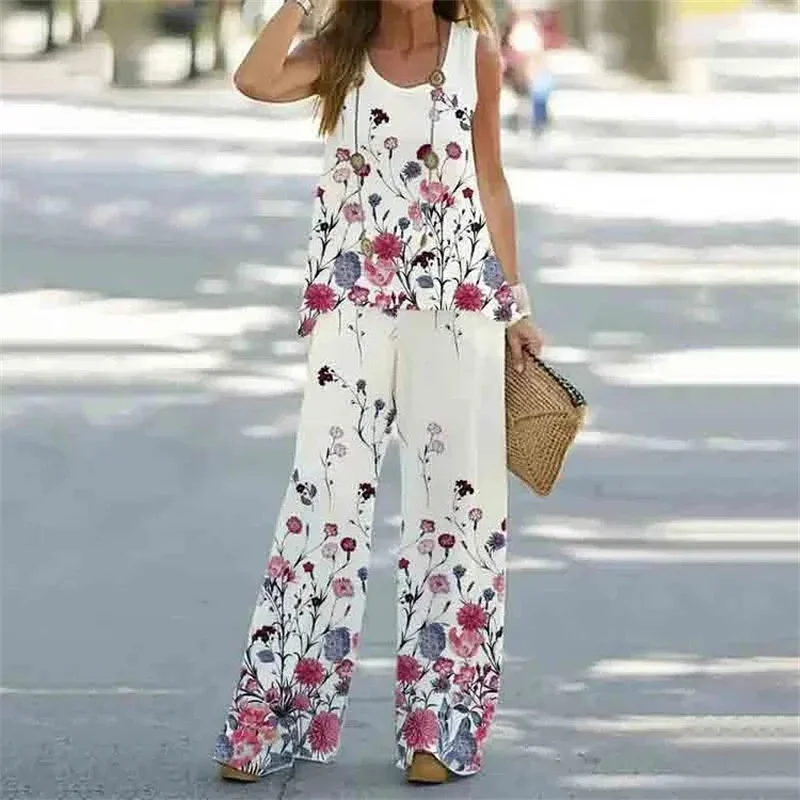 Women Elegant Botanical Flower Print Two Piece Sets O Neck Pullover Vest Sleeveless Tops Wide Leg Long Pants Casual Female Suits