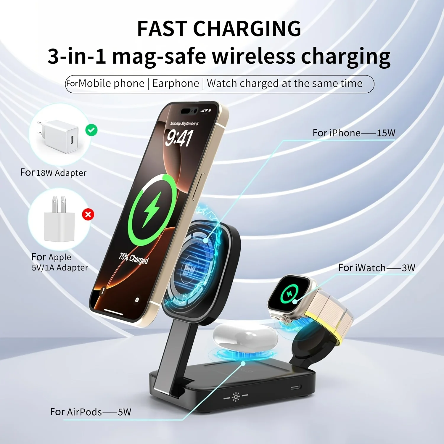 

3-in-1 15W Magnetic Wireless Charging Station Foldable and Adjustable Charger Stand with LED Light for iPhone/AirPods/iWatch