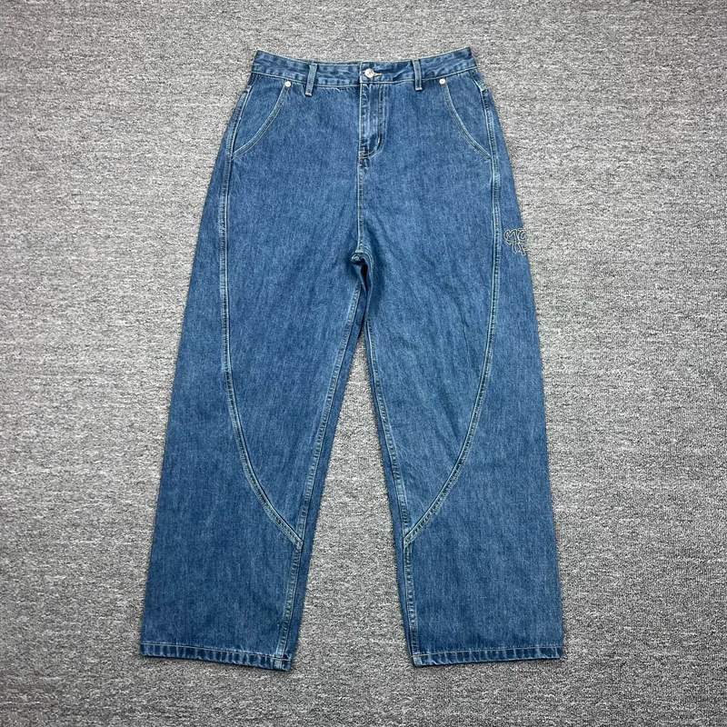 Retro Casual Men's Mertre Jeans High Quality Letter Embroidered Splice Denim Trousers Streetwear
