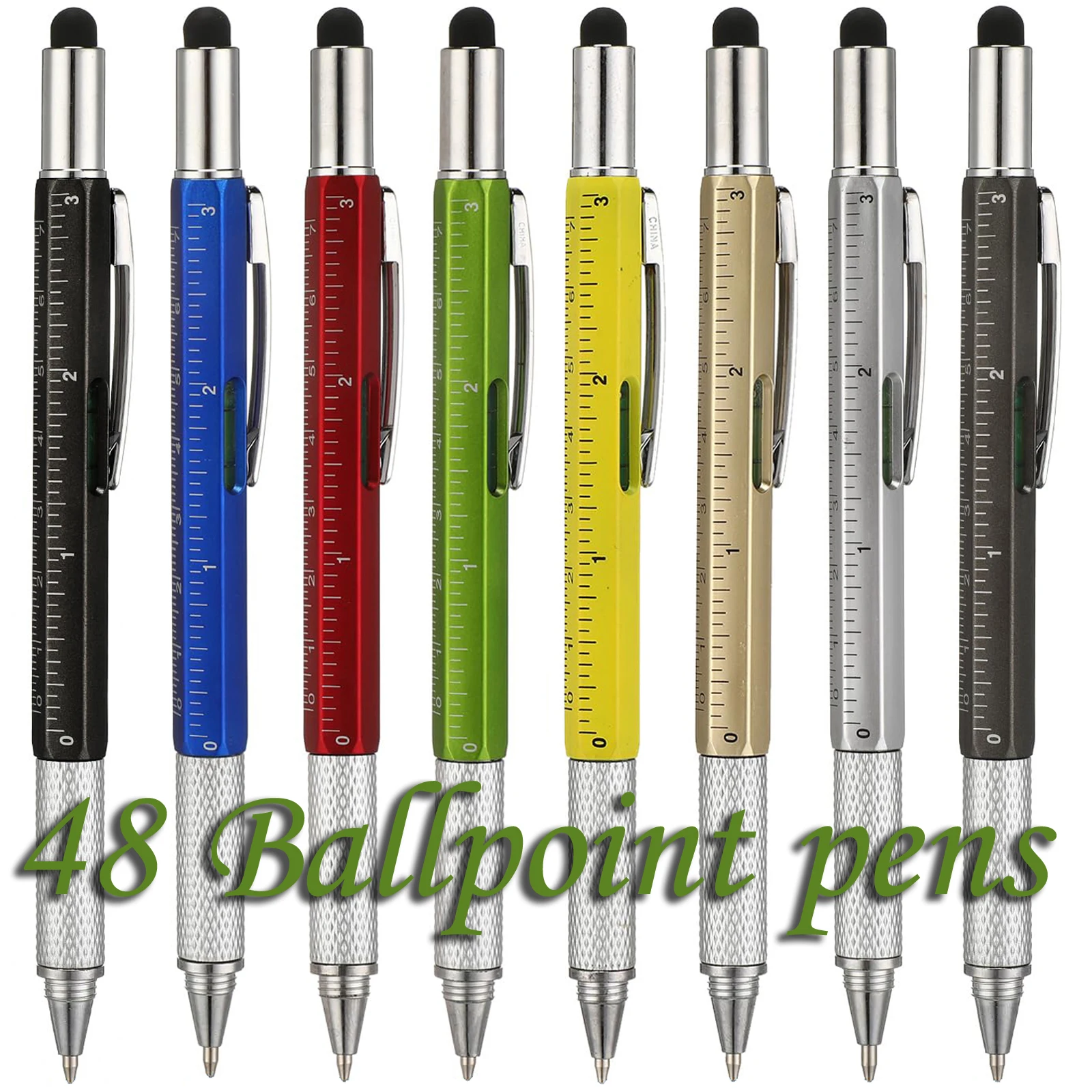 

48Piece Multifunction Ballpoint Pen with Handheld Tool Measure Technical Ruler Screwdriver Touch Screen Stylus Spirit Level