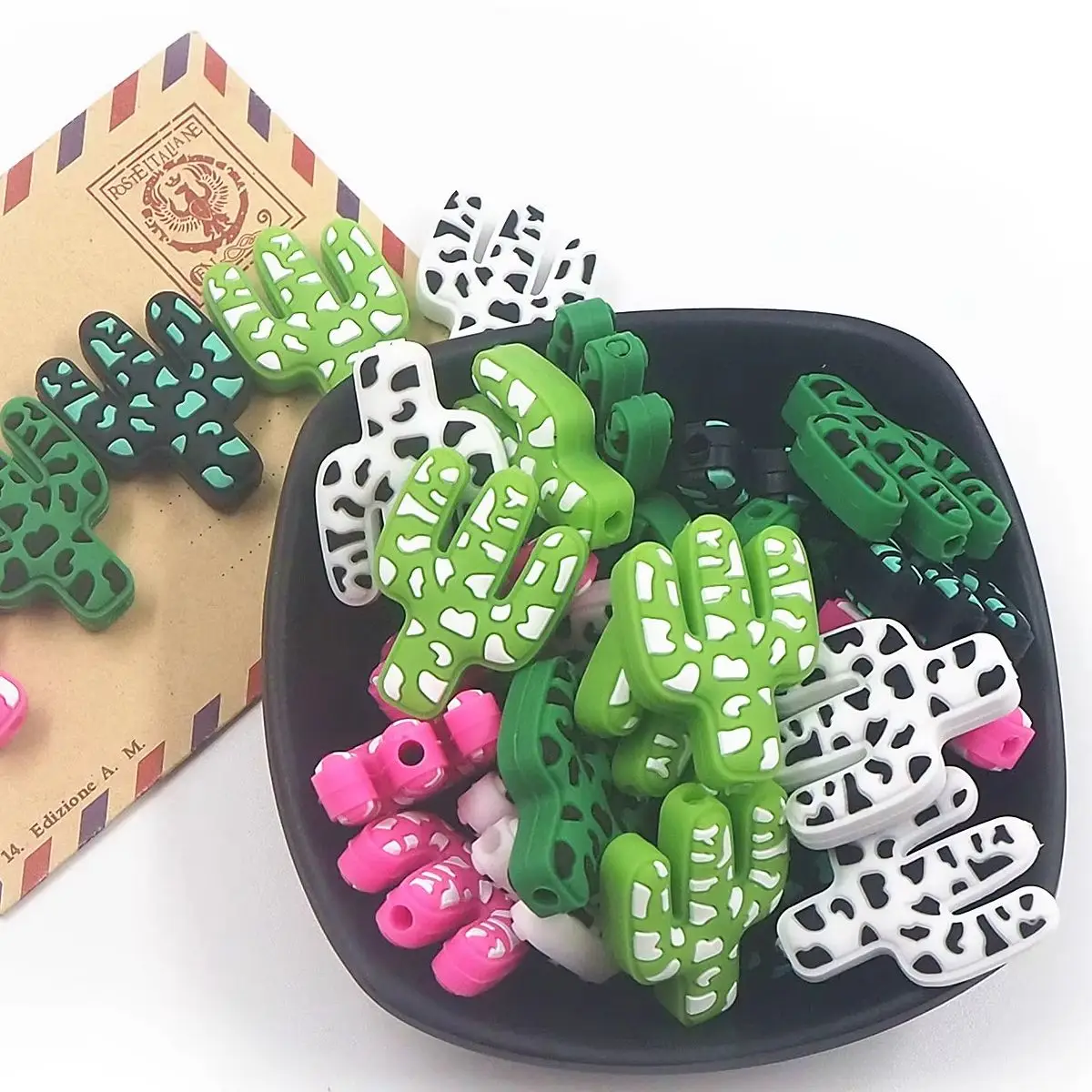 Chenkai 50PCS Cactus Silicone Focal Beads For Beadable Pen Silicone Charms for Pen Keychain Making Beadable Silicone Characters