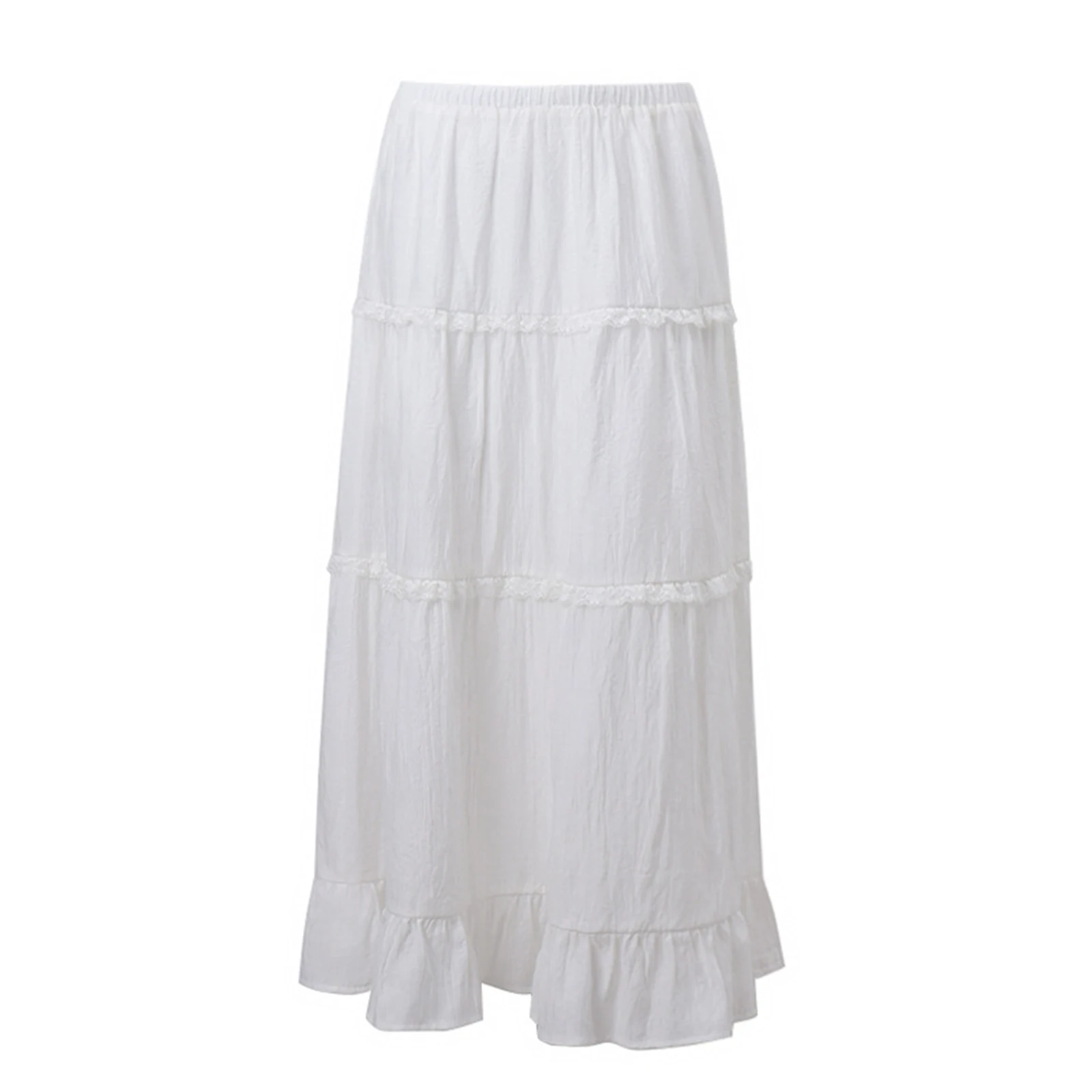 White Elegant Long Skirts Women Elastic Waist Ruffle Lace Trim Flare A-Line Skirts Retro Streetwear Fairycore Clothing