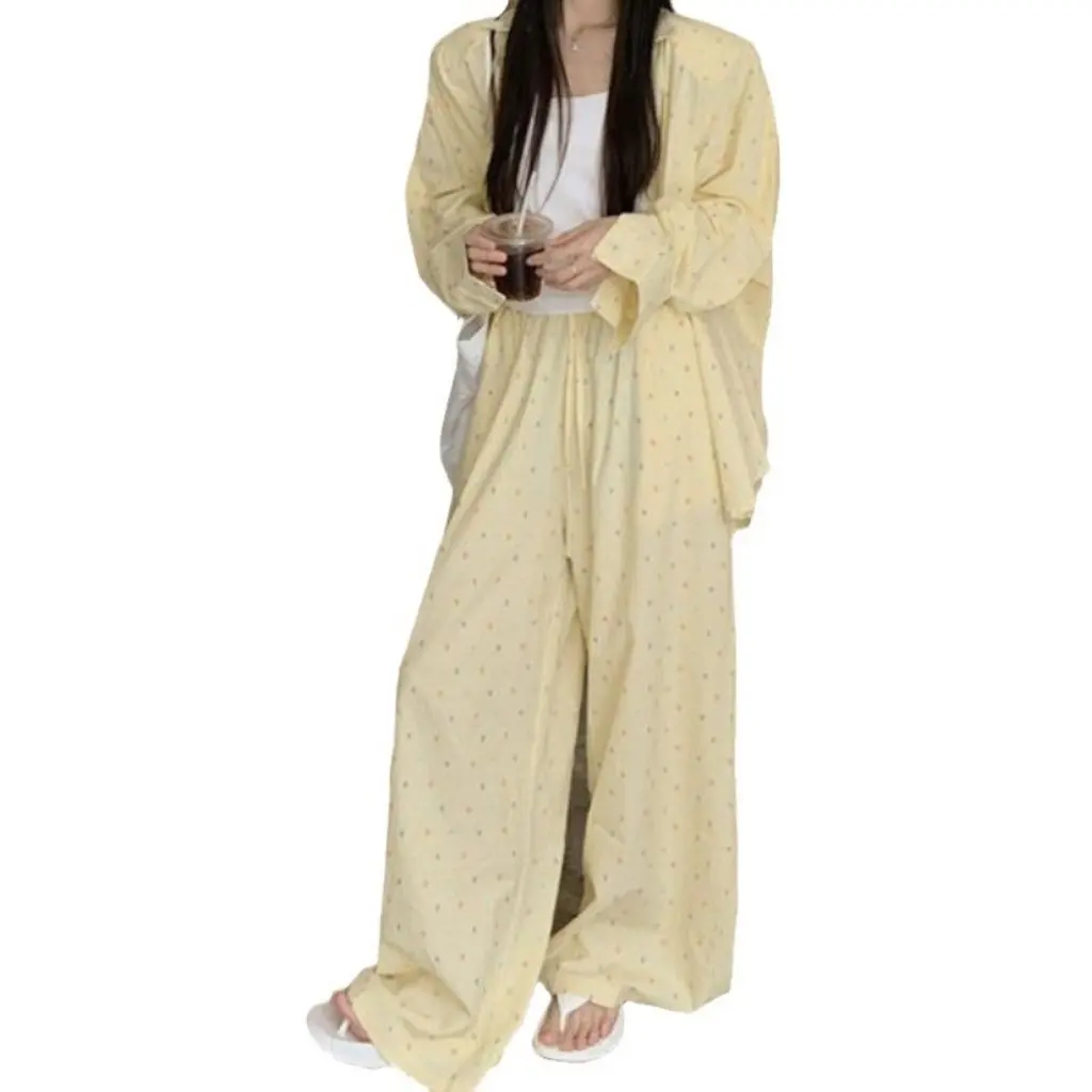 

Новый модный женский корейский комплект из двух предметов, желтая рубашка в горошек с длинными рукавами, повседневные брюки с высокой талией и широкими штанинами, свободный крой