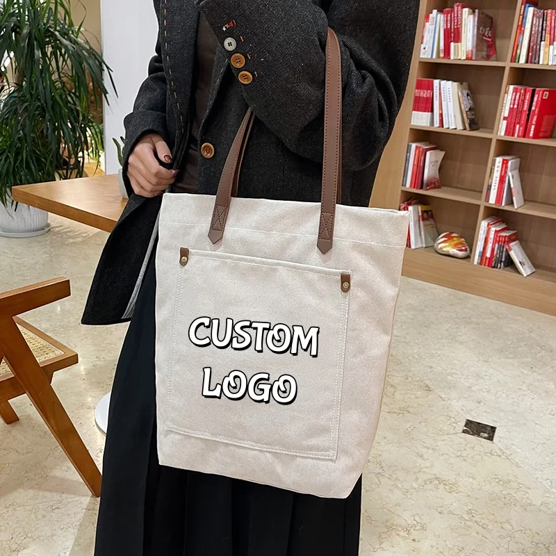 Custom Logo Canvas Tote Bag PU Leather Handle With Front Pocket Large Capacity Reusable Shopping Shoulder Handbag Work School