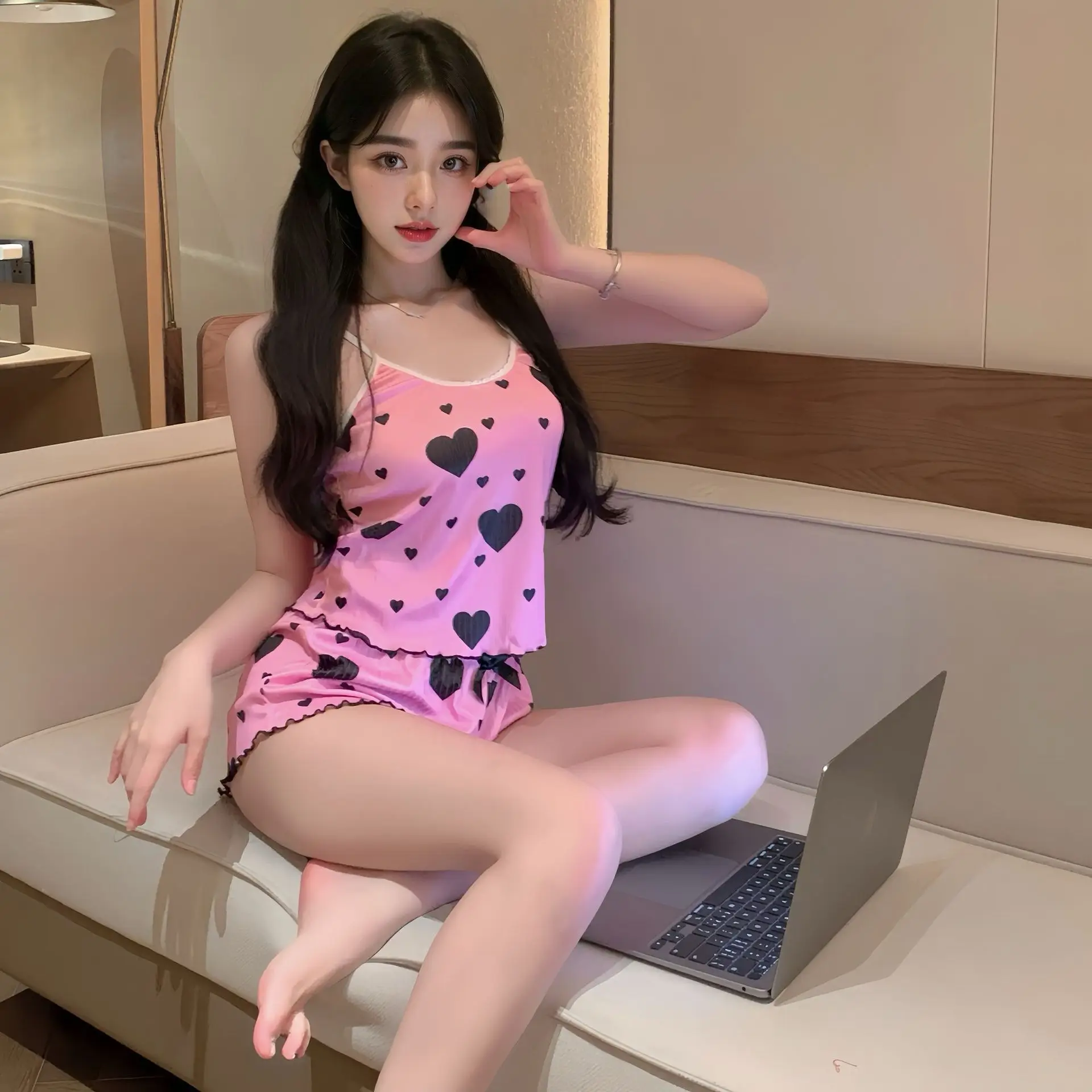 

Сексуальный черный пижамный комплект с принтом сердца для женщин, нижнее белье, одежда для сна, повседневный укороченный топ с открытой спиной и шорты с круглым вырезом, комплект одежды для дома