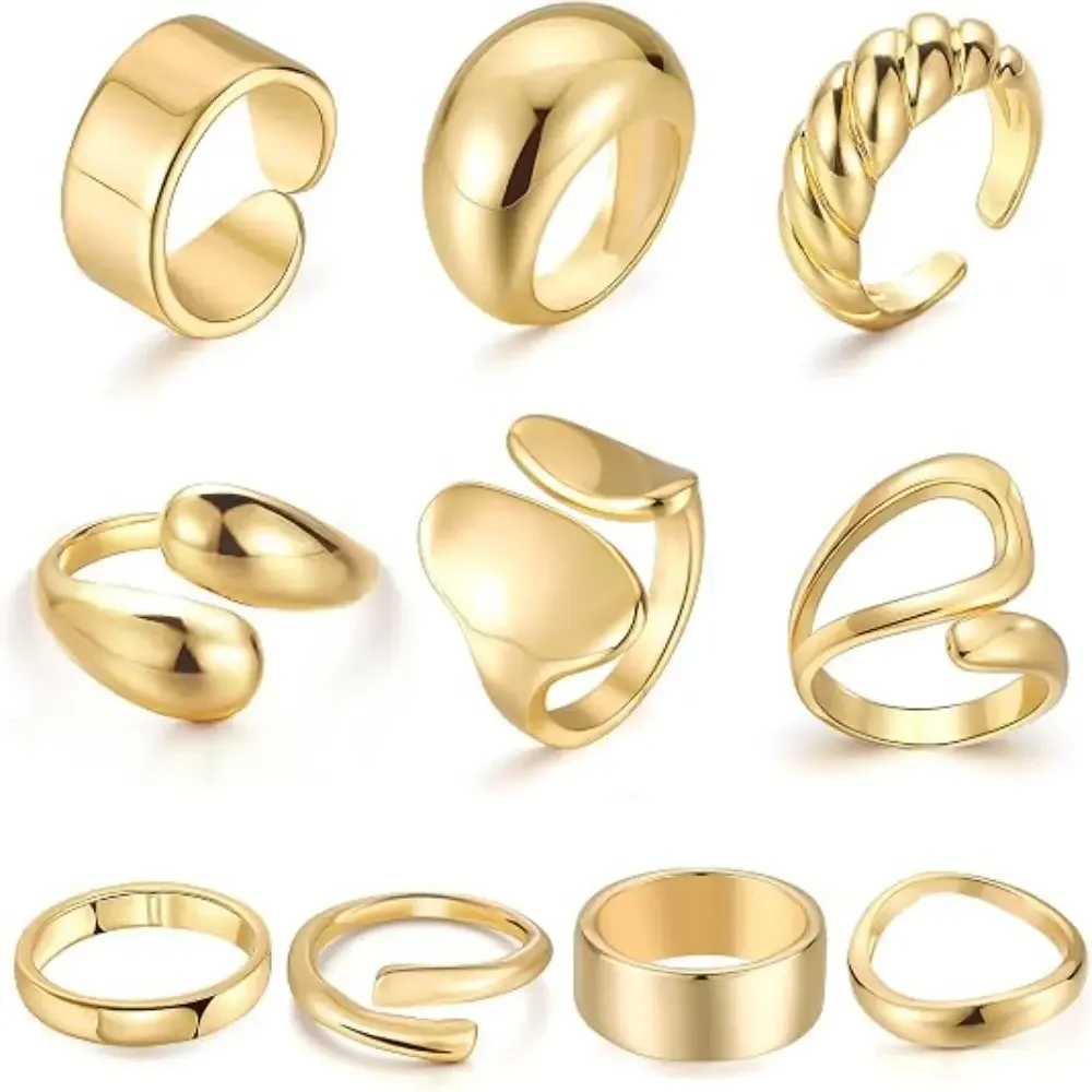 Women's 10PCS 18K Gold Plated Chunky Open Knuckle Rings - Non-Tarnish, Boho Punk Minimalist Statement Stackable Costume Jewelry Gift for Women, Chunky Statement Rings, Gold Accents Rings