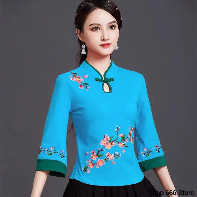 Tradizionale cinese donna stile etnico Top Retro Pan Button t-shirt cotone lino ricamo elastico confortevole Top Qipao Hanfu