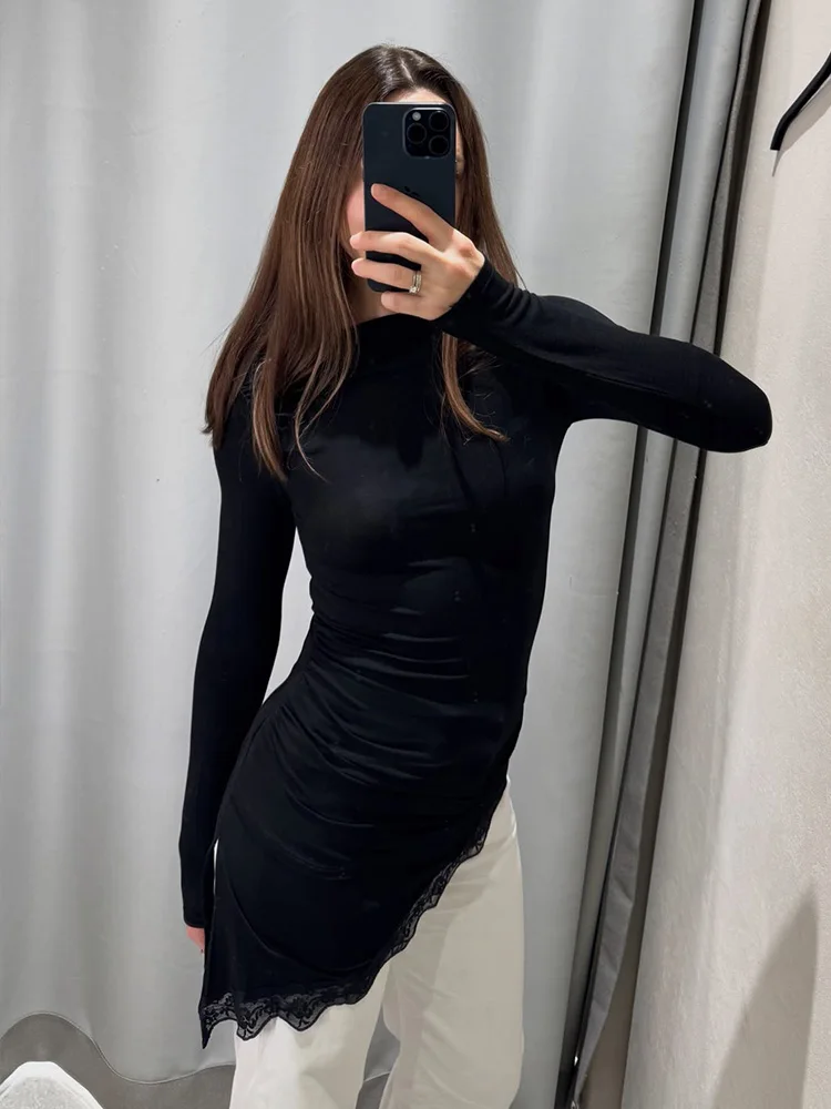 

HH Woman Spring Fashion Boat Collar Long Sleeves Asymmetrical Hem Folds Lace Decoration T-shirt Female Elegant Chic Casual Tops