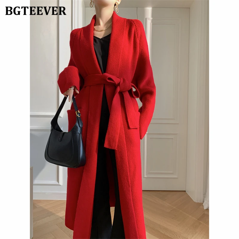 BGTEEVER Stylish Thicken Ladies Cashmere Warm Sweaters Overcoats Lace-up Female Long Knitted Cardigans Autumn Winter