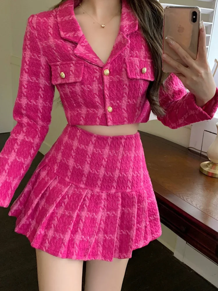 

Fall Small Fragrance Vintage Tweed Two Piece Set Women Crop Top Woolen Short Jacket Coat + Mini Skirts Sets Sweet 2 Piece Suits