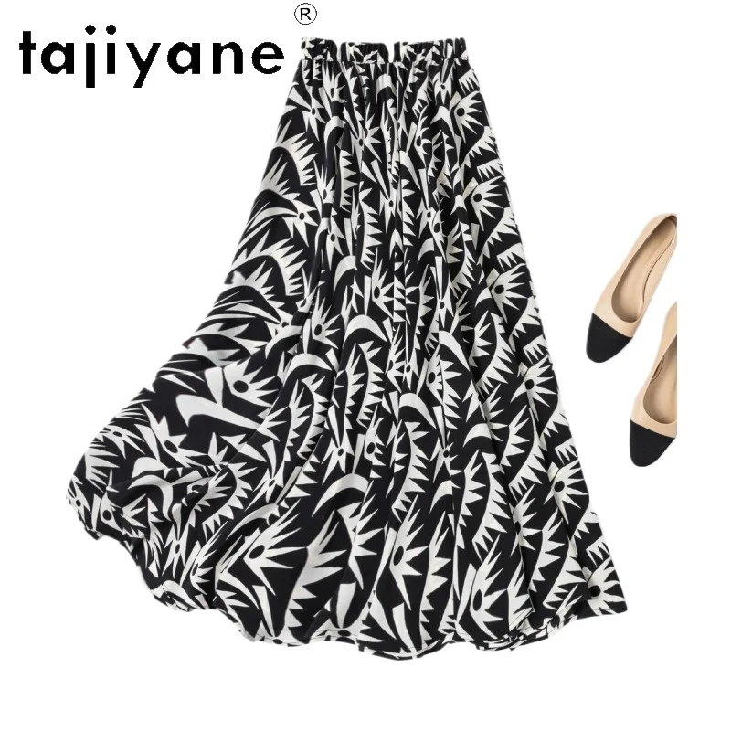 

TAJIYANE 100% Real Mulberry Silk Skirts for Women Black White Geometric Print Flowy Long Skirt Summer Woman Clothes 2026 шорты