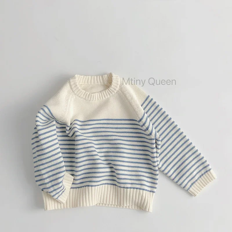 2025 Spring New Children Long Sleeve Striped Sweater Cotton Boys Girls Loose Knitted Pullover Baby Casual Sweater Kids Clothes