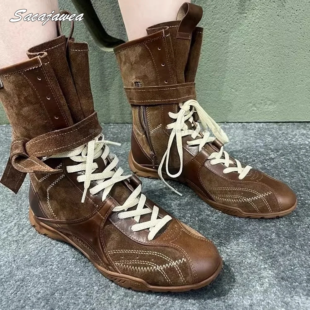 

Cow Split Leather Front Side Zipper Mid Calf Sport Boots Round Toe Size 35-39 All-Match Casual Shoes Round Toe Buckle Strap Shoe