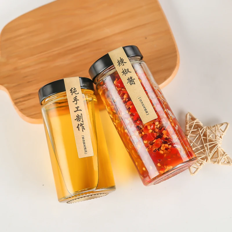 Nueva botella de vidrio redonda de tapa alta, salsa picante de carne, tarro de miel, recipiente Sed, utensilios de cocina, Sle chino