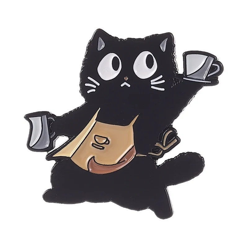 Cartoon black cat holding coffee-shaped badges, fun animal series alloy pins, Backpack and clothing accessory, gift for friends