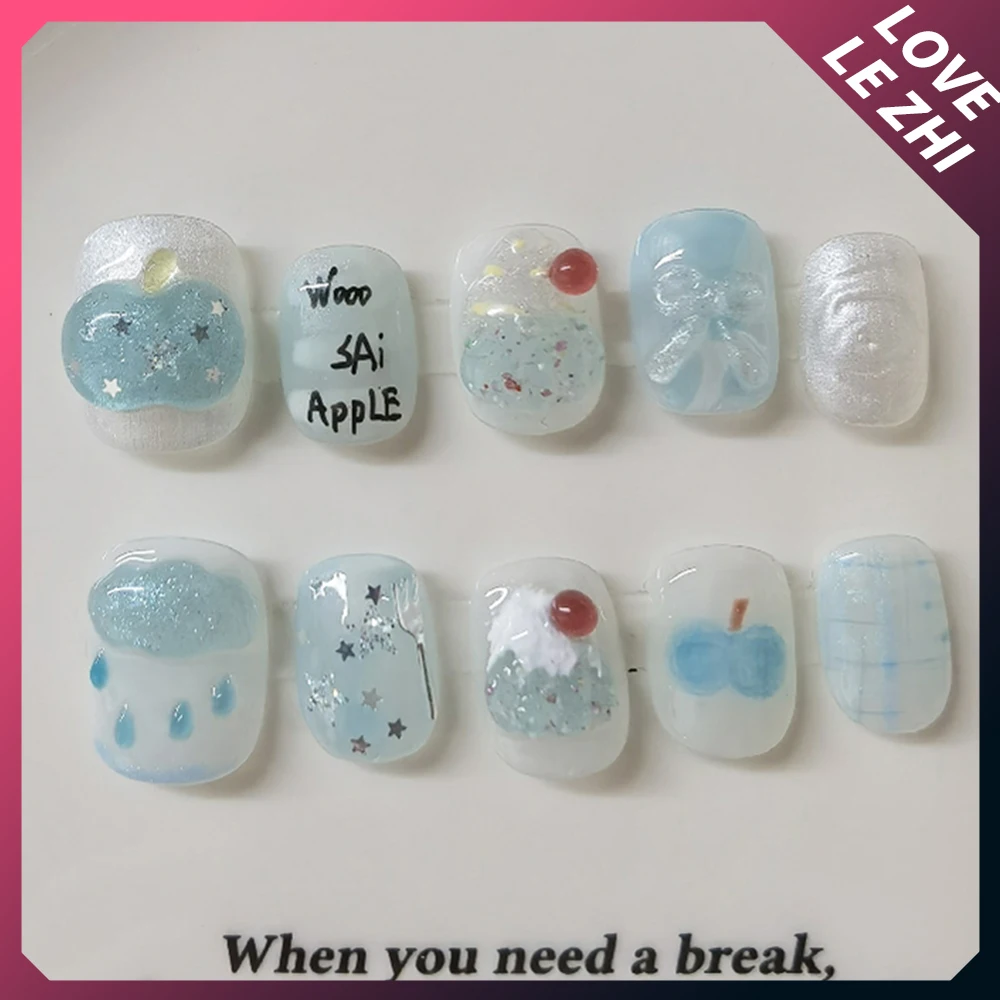 10 Uds. De uñas postizas redondas y cuadradas cortas y bonitas hechas a mano, uñas postizas reutilizables con dibujos de perros y gatos pintadas a mano con lazo, perlas, pan y patatas