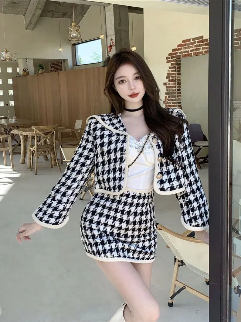 Herbst Frauen Französisch Elegante Zwei Stück Set Patchwork Abnehmen Design Blazer und Rock Set Casual Veranstaltungen Chic Warme Tweed Anzug 2025