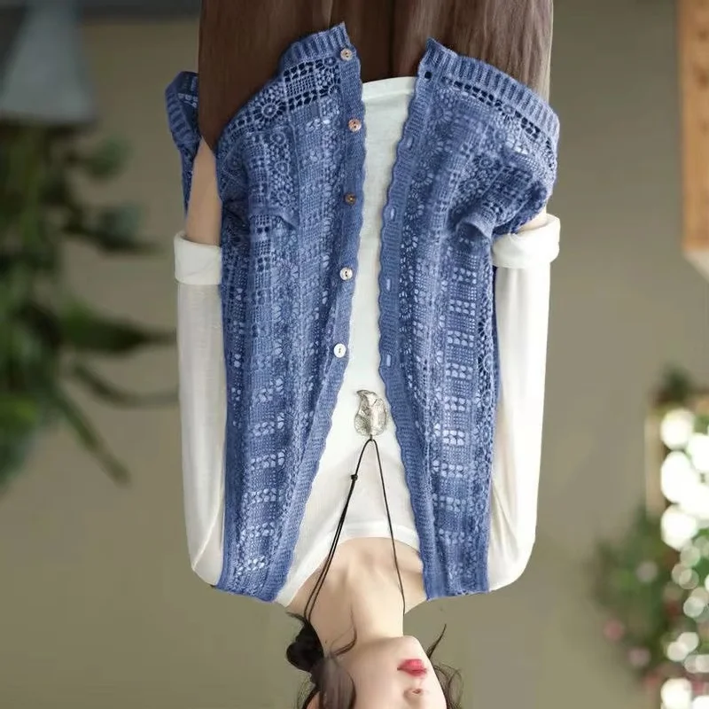

Spring Summer Women Cotton Hollow Out Vest Artistic Single Breasted Thin Cardigan Sleeveless Jacket Female Casual Waistcoat Coat
