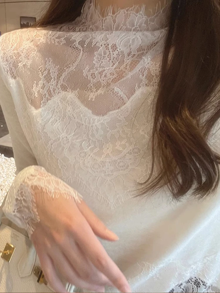 

Женский осенне-зимний модный свитер с кружевной основой, премиум-класса, универсальный, с меховой подкладкой, для ношения как внутренний или внешний слой, сетчатый топ