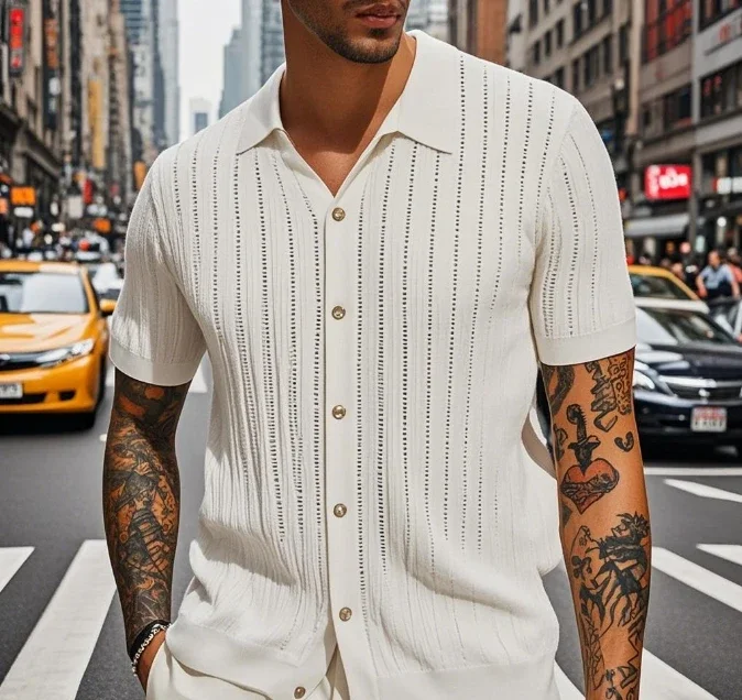 Summer Men's Casual Shirt Breathable Hollow Out Knit Shirt Short Sleeve Lapel Lightweight Top for Men European  American Loose