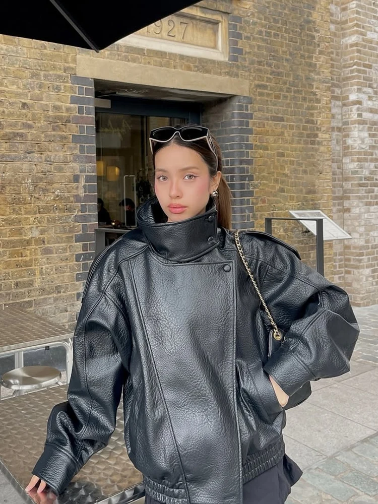Fashion Black Faux Leather Short Jackets Women Retro High Neck Long Sleeve Oversized Coats Lady Autumn Winter Classic Streetwear
