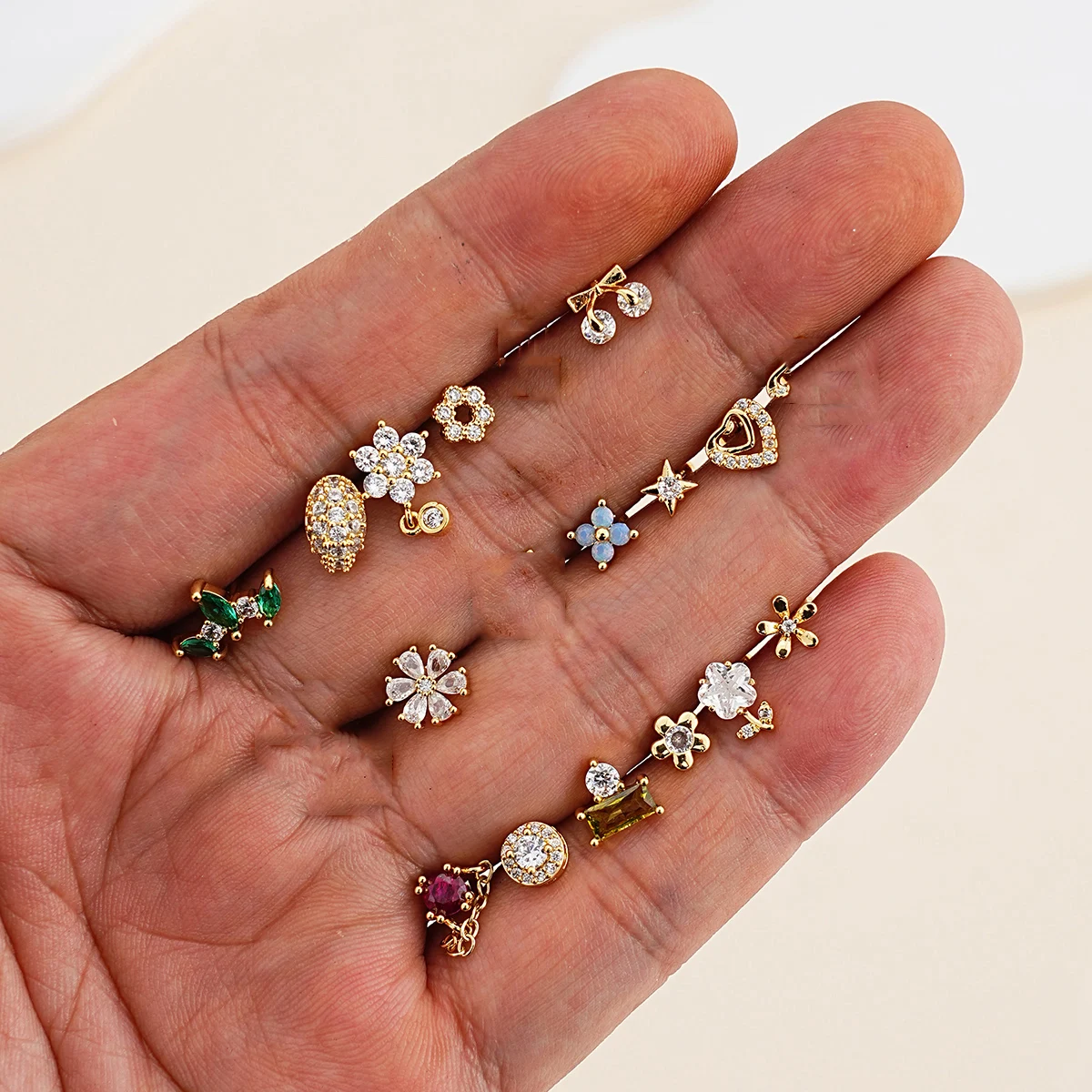 1pc Gold Crystal Zircon Ear Stud Piercing Oreja 14G Stainless Steel Flower Heart Dangle Earring Flat Back Helix Tragus Piercings