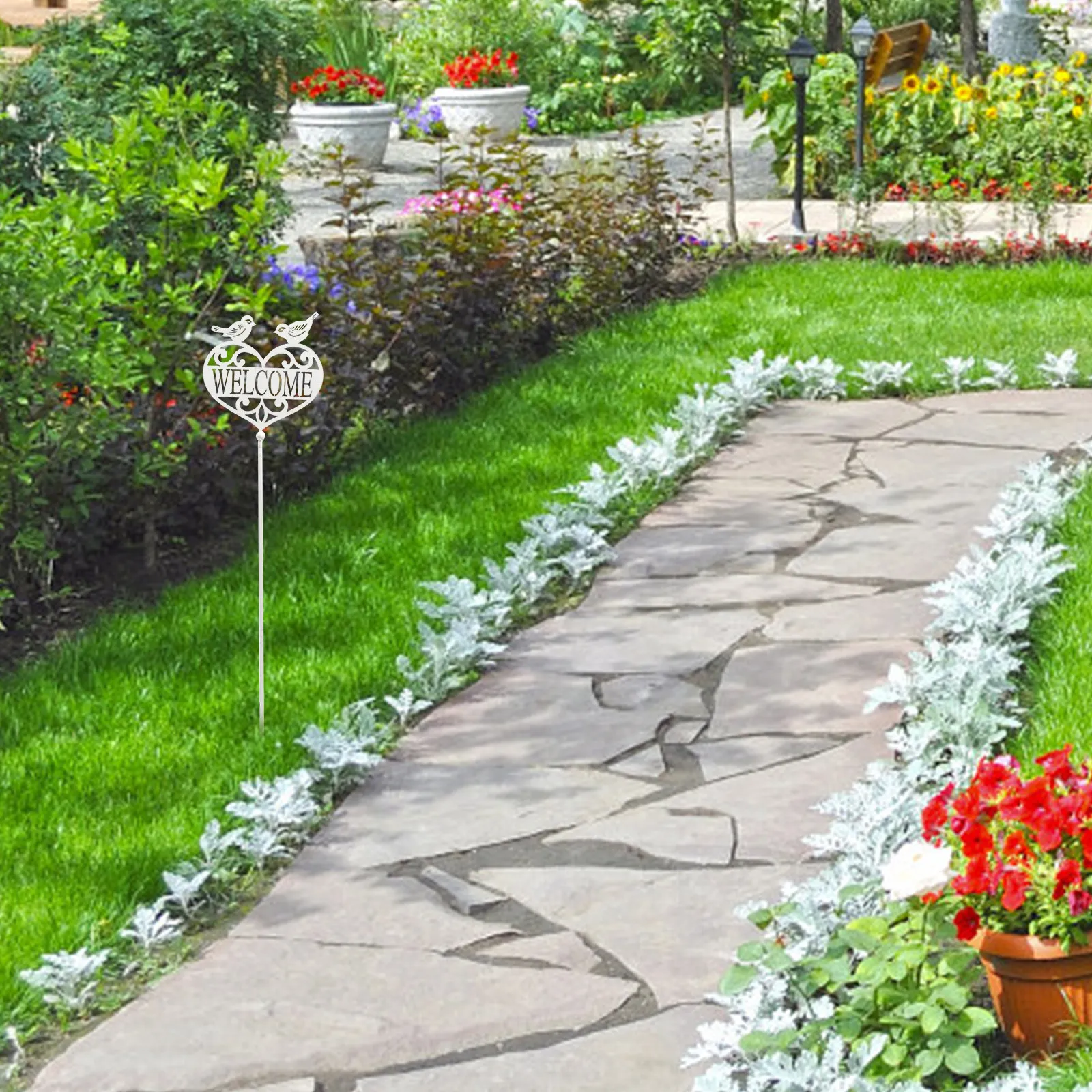 1Pcs Premium Metal Garden Welcome Sign Stake Outdoor Yard Decor Plug-in Lawn Decoration Spring Garden Decor Wrought Iron Welcome