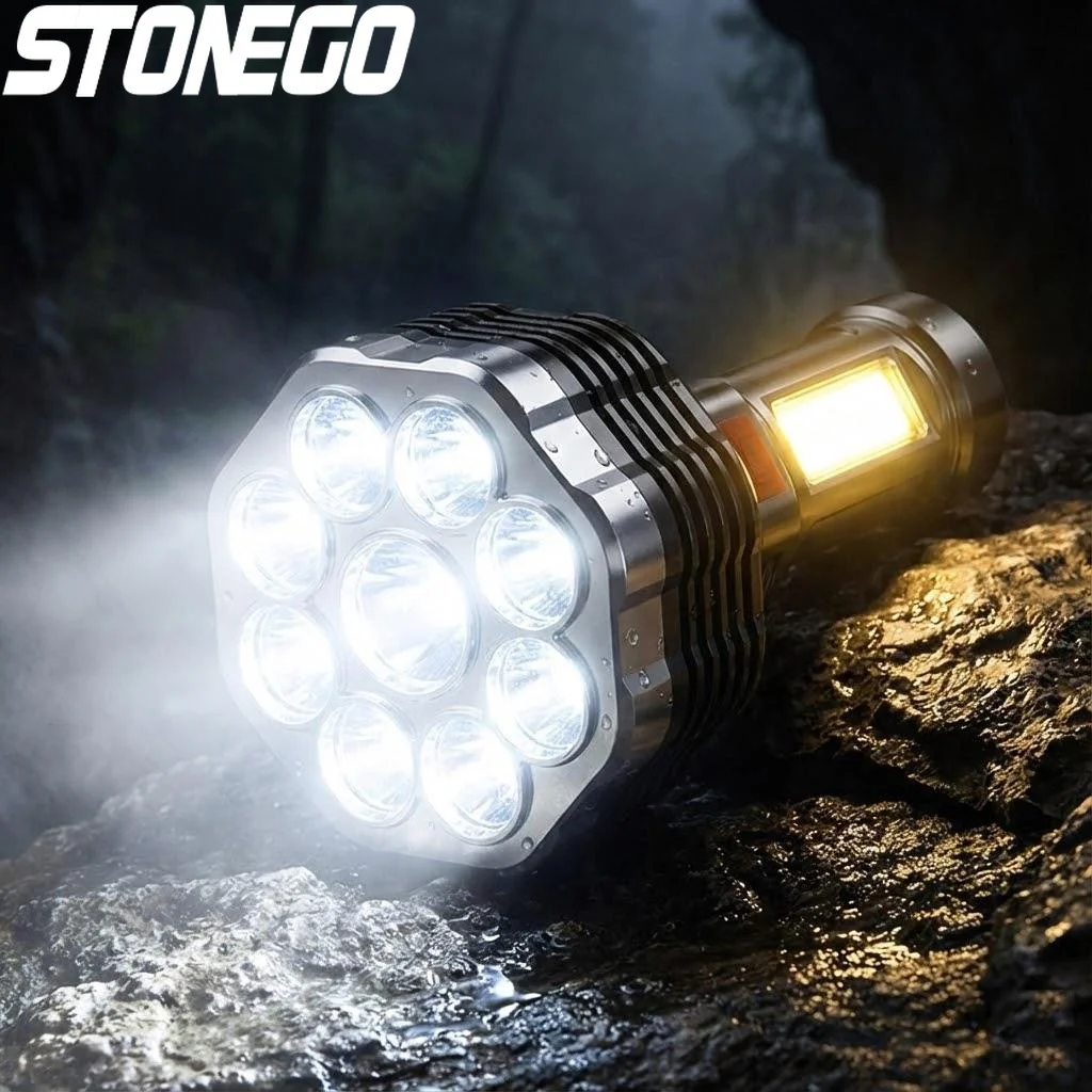 

Многофункциональный светодиодный фонарь с девятью светодиодами, перезаряжаемый через USB, для кемпинга и походов, портативный, с двойным источником света