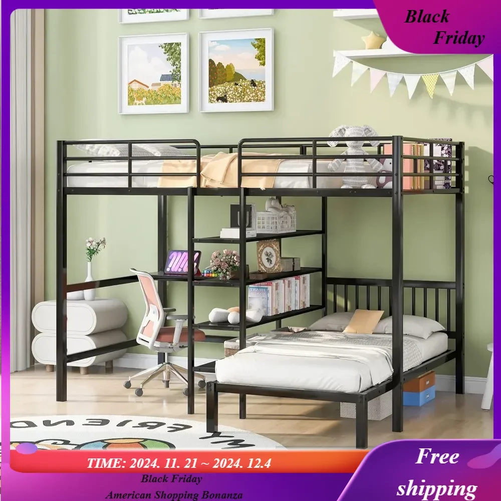 

Metal Bunk Bed,Full Over Twin Bunk Beds with Built-in Desk,Shelves and Safety Ladder,for Dormitory Bedroom Boys Girls Adults