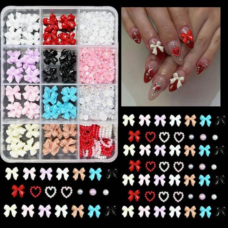 12Grids/box Mixed Resin Bowknot Nail Art Decorations 3D Charms Kawaii Colorful Bow Rhinestone DIY Manicure Tools Parts