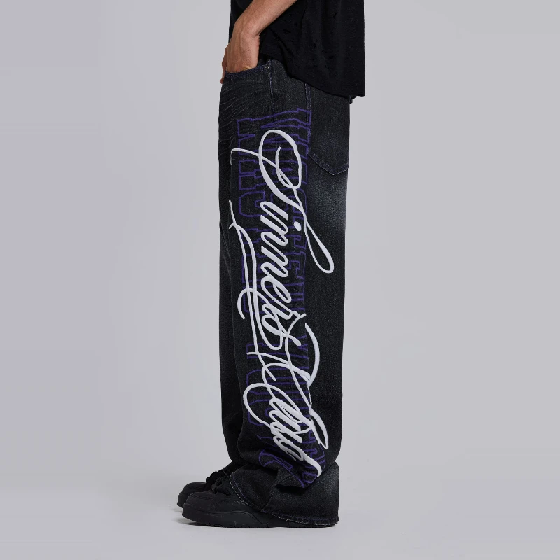 Y2k Youth Baggy Jeans Retro Letter Embroidery Black Wash Wide Leg Denim Pants Men Women Hip Hop Streetwear Unisex Casual Jeans