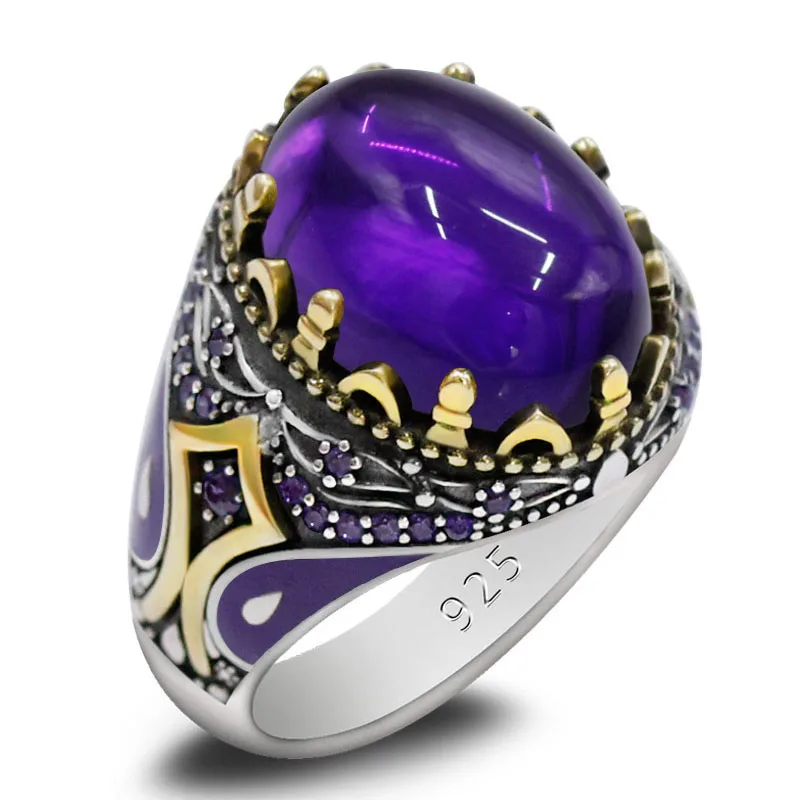 New 925 Sterling Silver Natural Amethyst Handmade Men's Ring Türkiye Vintage Religious Jewelry Christmas Party Anniversary Gift