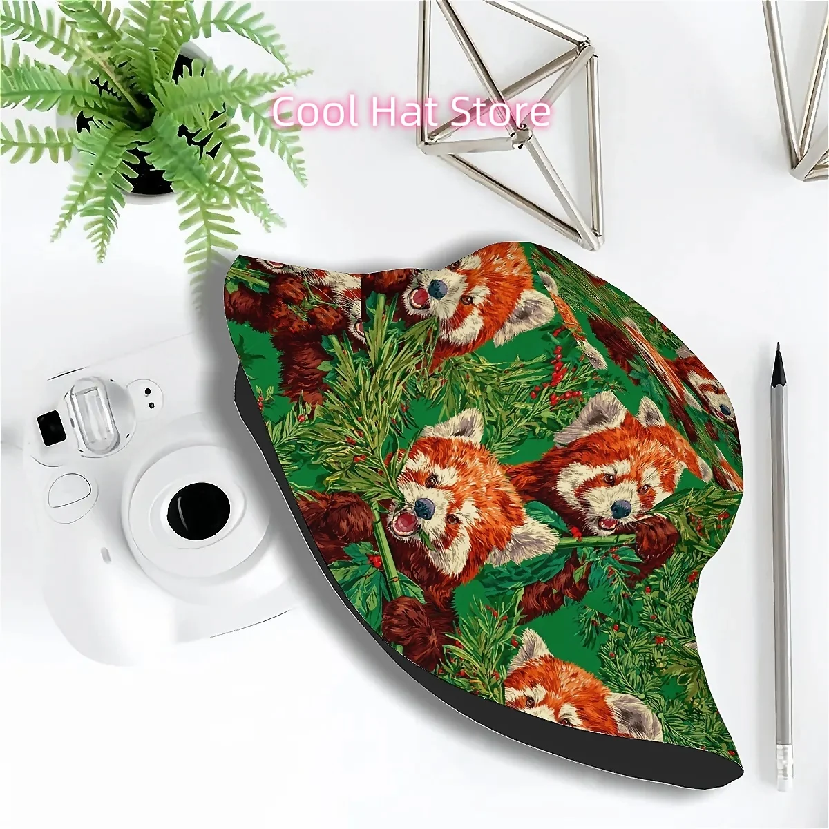 1pc Red Panda Print Bucket Hat - Unisex Outdoor with Cute /Chinese-Inspired Animal Design, Green Foliage & Leaf Pattern for Men
