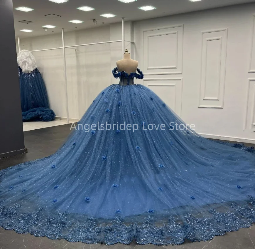 Angelsbridep Customized Mexico Blue Ball Gown Quinnceanera Dresses Luxury Beading 3D Appliques Party Vestido De 15 Quinceañera