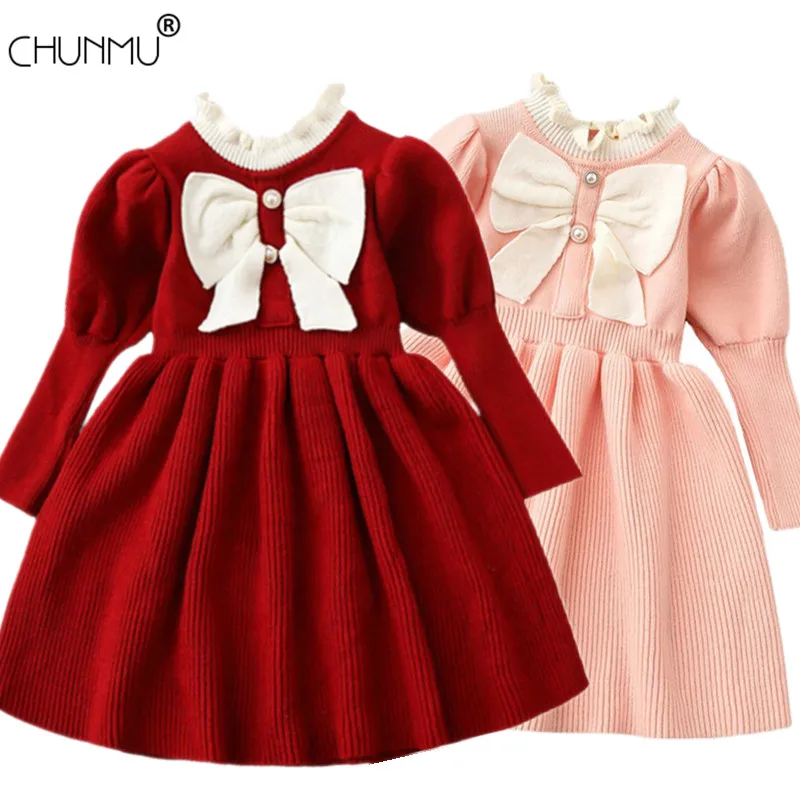 

Autumn Girl's Knitting Wool Long Sleeve Dress 1-6 Years Winter New Girl Baby Bow Tutu Sweater Knitted Dress Warm Gilrs Clothes