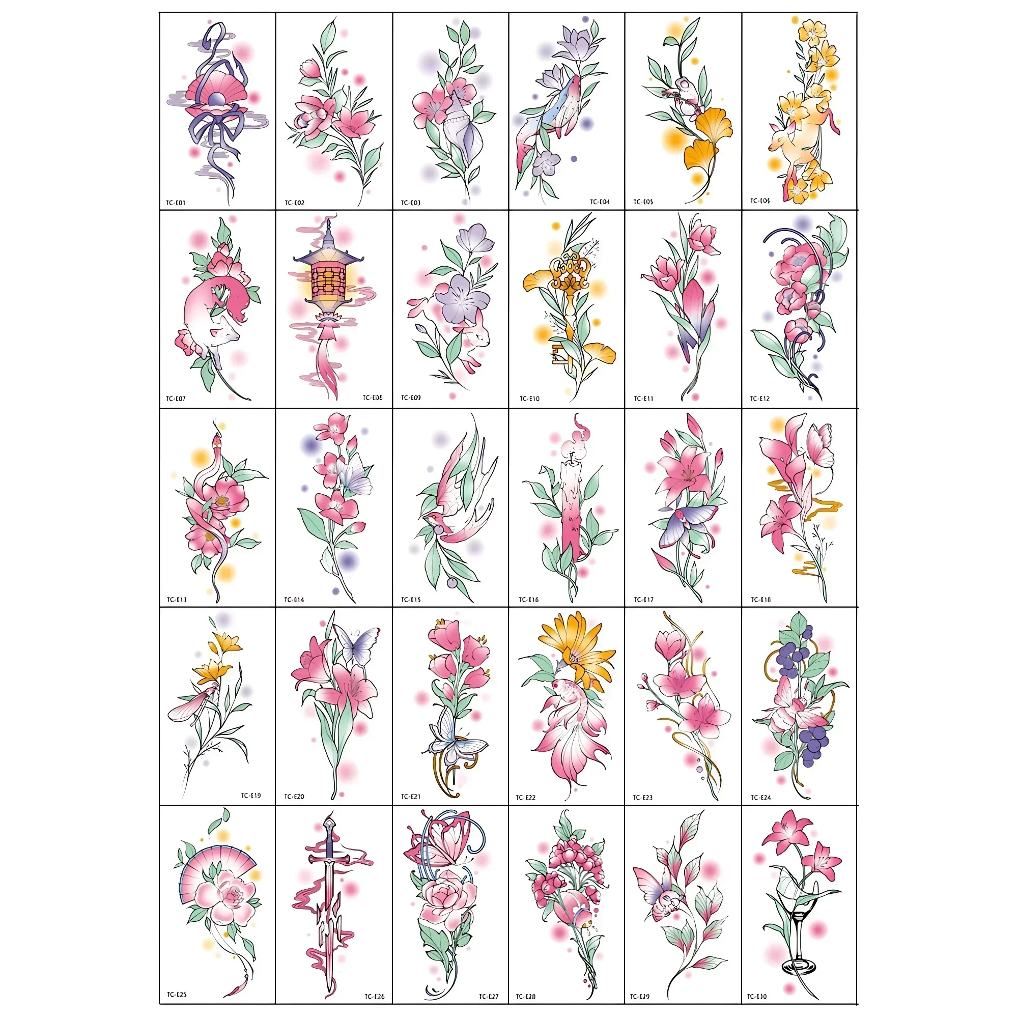 30pcs/set Tattoos Stickers for Summer Women Ladies Arm Chest Back Pink Flower Plant with Sword Grapes Butterfly Temporary Tattoo