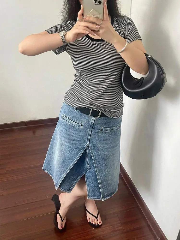 American Retro Old Washed Spice Girl High Waist Skirt Women's New Double A-shaped Skirt