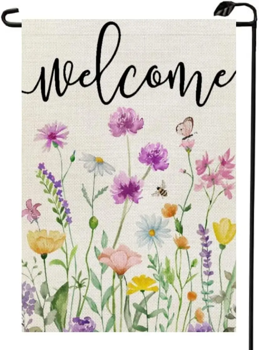 

Welcome Spring Floral Garden Flag 12x18 Inch Double Sided Small Burlap Yard Seasonal Wildflower Outdoor Flag Decoratio