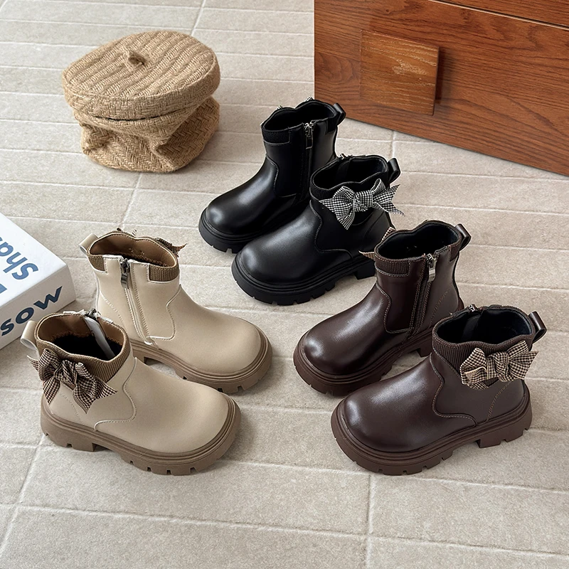 Girls Short Leather Boots Children Ankle Boots with Plaid Bow-knot Side Zipper Kids Fashion Catwalk Boots Non-slip 2026 Winter