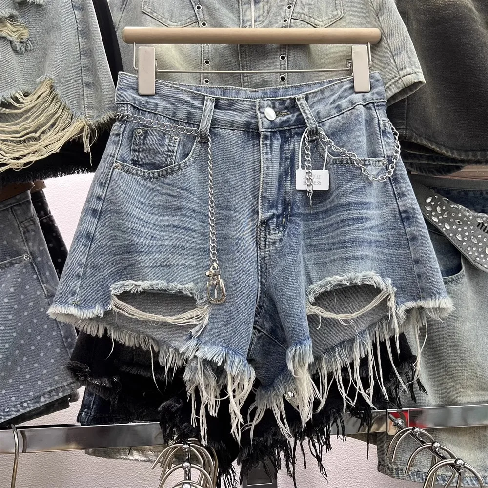 

Tassel Rough Edge Ripped Light Blue Denim Shorts Women 2025 Summer New High Waist Loose Wide Leg Jeans A-shaped Hot Pants