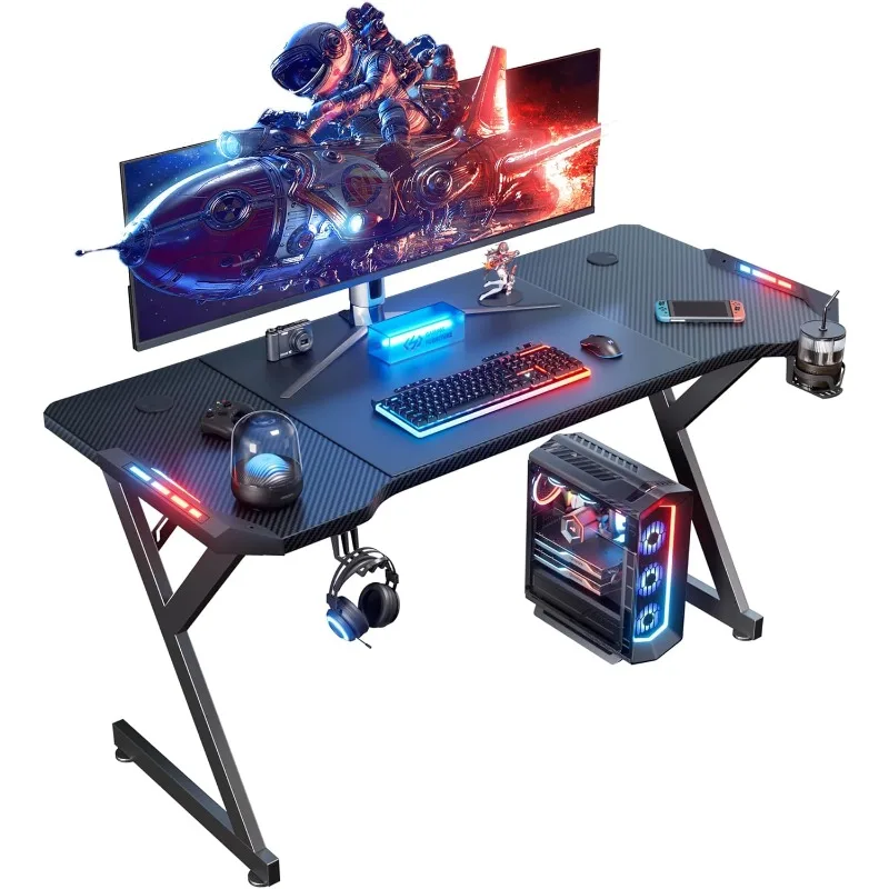 47 Inch Gaming Desk with LED Lights, Ergonomic Computer Table with Carbon Fibre Surface, Sturdy PC Workstation Desk