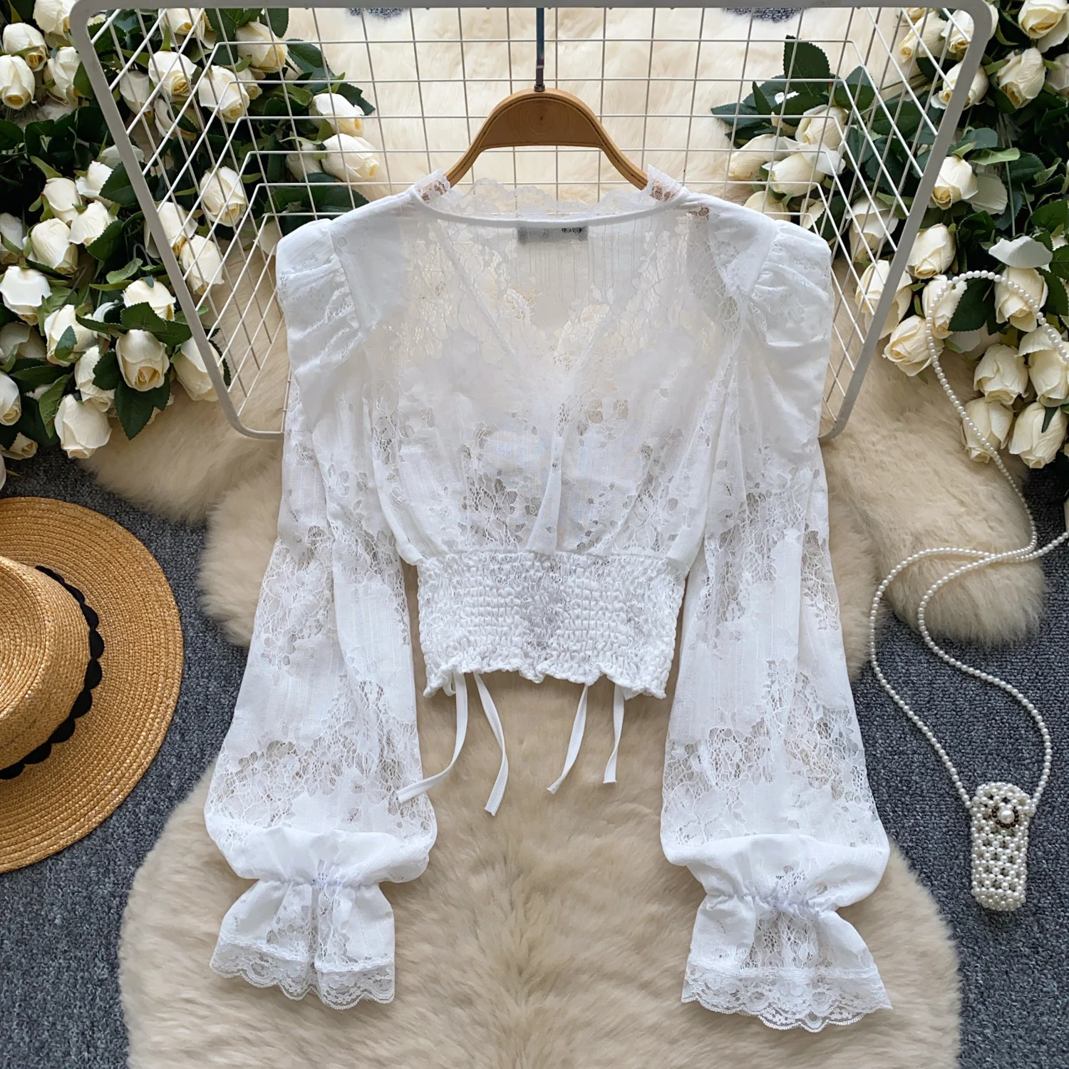 Chic Sexy sweet pleated Hook flower hollow lace T shirt Elegant  Crop Top  Vintage Fashion Tees Female Spring Summer Shirt